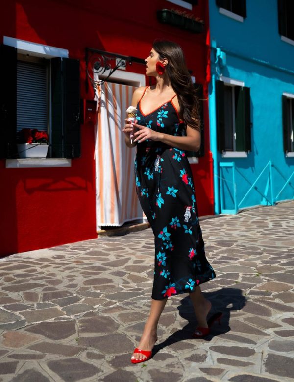 Alpha Dress White Parrots & Blossom (Black) SOBOHEMIAN