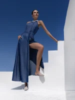 Φόρεμα μπλε τύπου τζιν με λευκό γιακά C.MANOLO