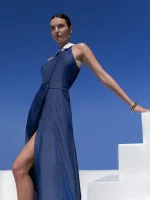 Φόρεμα μπλε τύπου τζιν με λευκό γιακά C.MANOLO