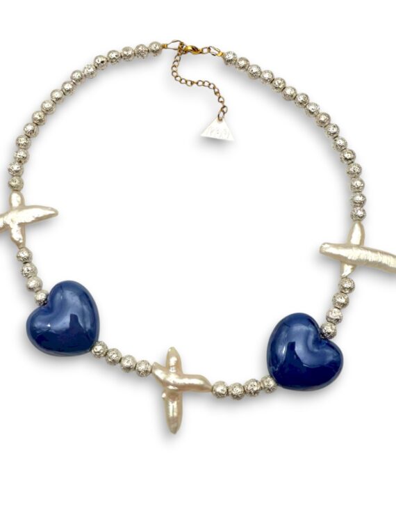 Blue Hearts & Baroque Crosses – Κολιέ με αιματίτη, κεραμικές καρδιές & baroque σταυρούς BY FUNK DA QUEEN