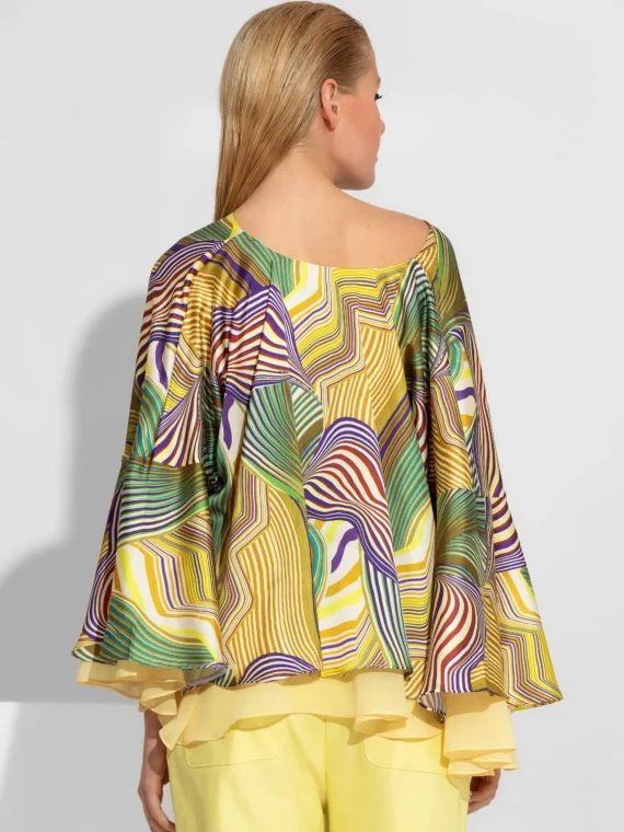 Σατέν Μπλούζα με Αφηρημένο Στάμπα και Φουσάκια BY C-THROU