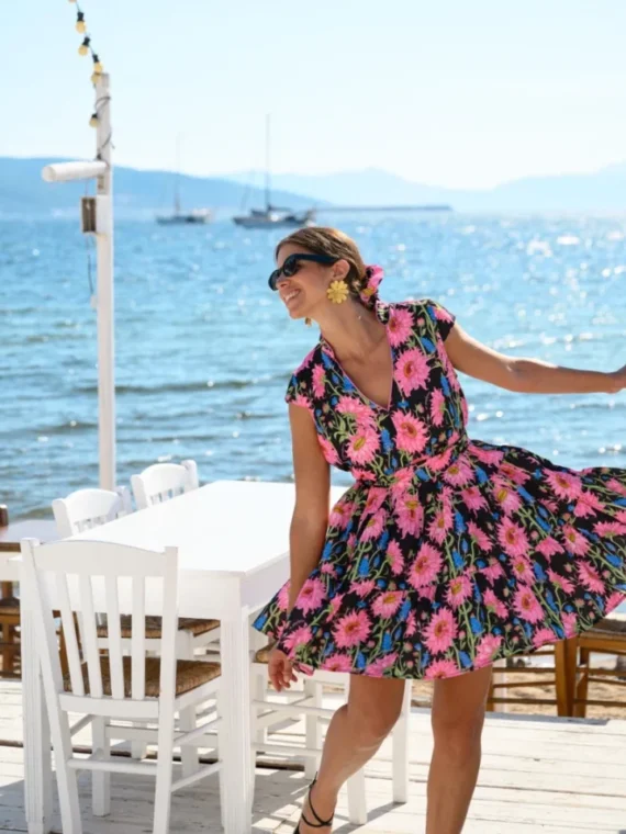 Nora Mini Dress (Black Sunflowers) BY SOBOHEMIAN