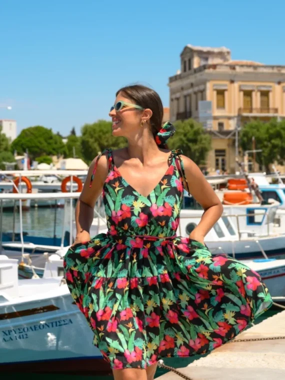 Tania Mini Dress (Black Hibiscus) BY SOBOHEMIAN