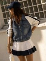 DENIM ΜΠΟΥΦΑΝ ΜΕ ΠΛΕΚΤΑ ΜΑΝΙΚΙΑ ΚΑΙ ΑΘΛΗΤΙΚΕΣ ΛΕΠΤΟΜΕΡΙΕΣ BY WOMAN